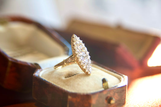 Vintage Navette Ring in Gold and Diamonds Top Quality