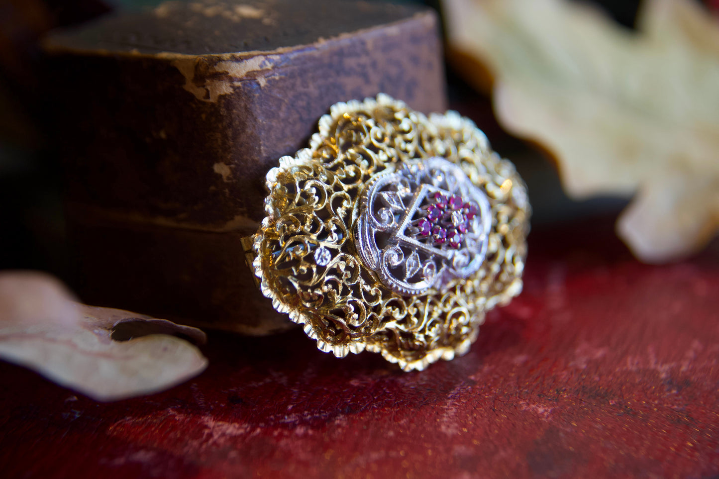 Vintage late 1940s hand-drilled and engraved pendant brooch