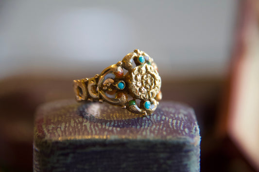 Anello antico "Georgiano" con turchesi naturali e smalti in oro 18kt