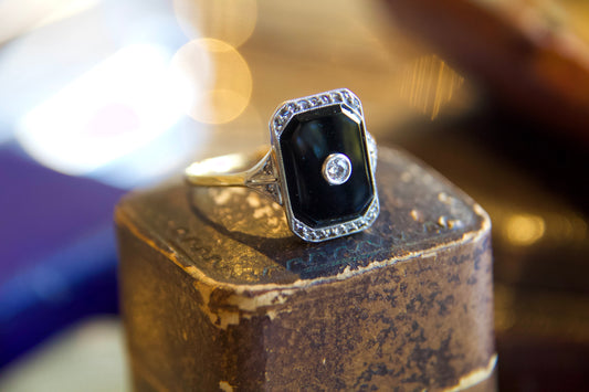 Art Deco "Shield" Antique Onyx Ring with Diamonds