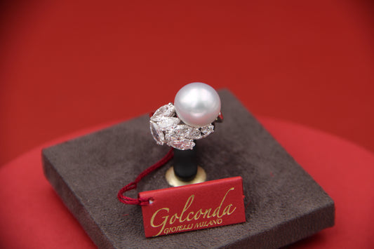 Australian pearl and diamond navette ring