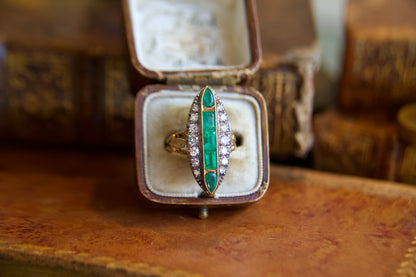Art Nouveau marquise ring with emeralds