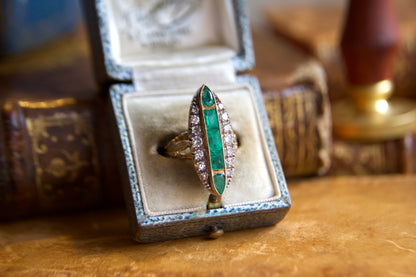 Art Nouveau marquise ring with emeralds