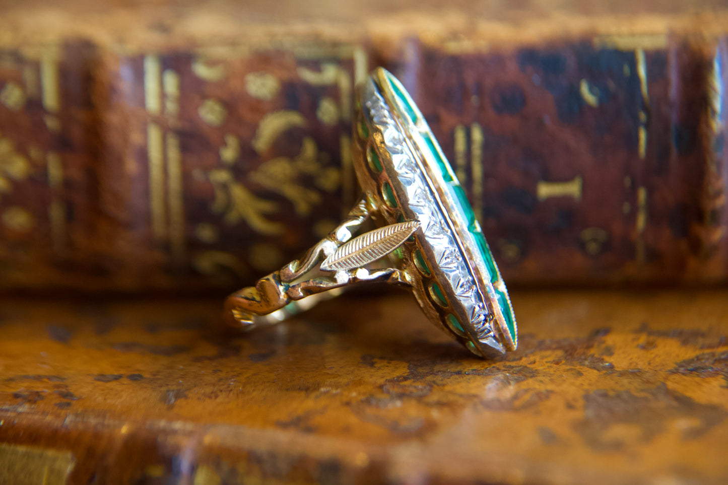 Art Nouveau marquise ring with emeralds