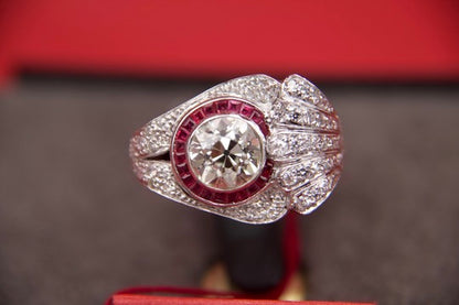 Art Deco ring with 2.40-carat diamond and calibrated rubies