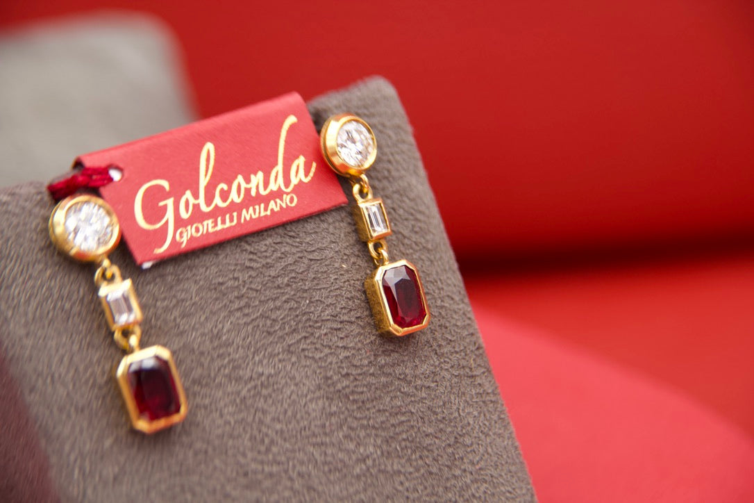 Orecchini pendenti con diamanti e rubini