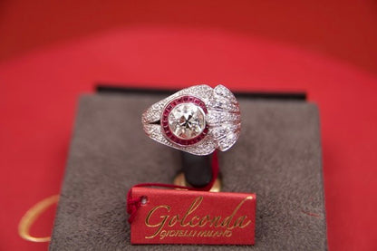 Art Deco ring with 2.40-carat diamond and calibrated rubies