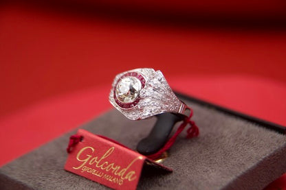 Art Deco ring with 2.40-carat diamond and calibrated rubies