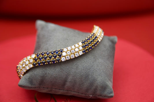Bracciale triplo tennis diamanti e zaffiri con maglia morbida Vintage