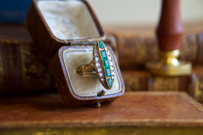 Art Nouveau marquise ring with emeralds