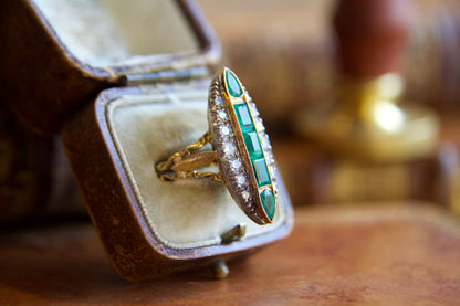 Art Nouveau marquise ring with emeralds