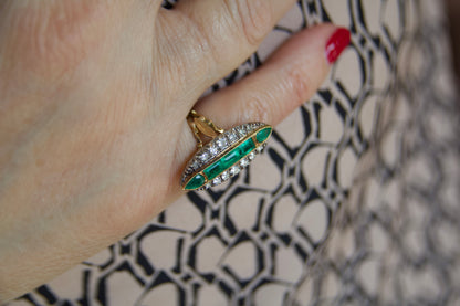 Art Nouveau marquise ring with emeralds