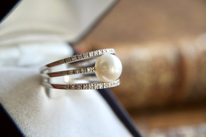 Anello tre fasce con perla e diamanti