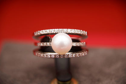 Anello tre fasce con perla e diamanti
