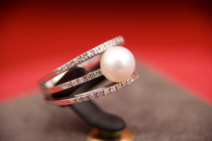 Anello tre fasce con perla e diamanti