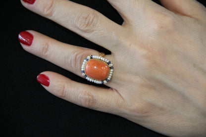 Ring with coral and micropearls