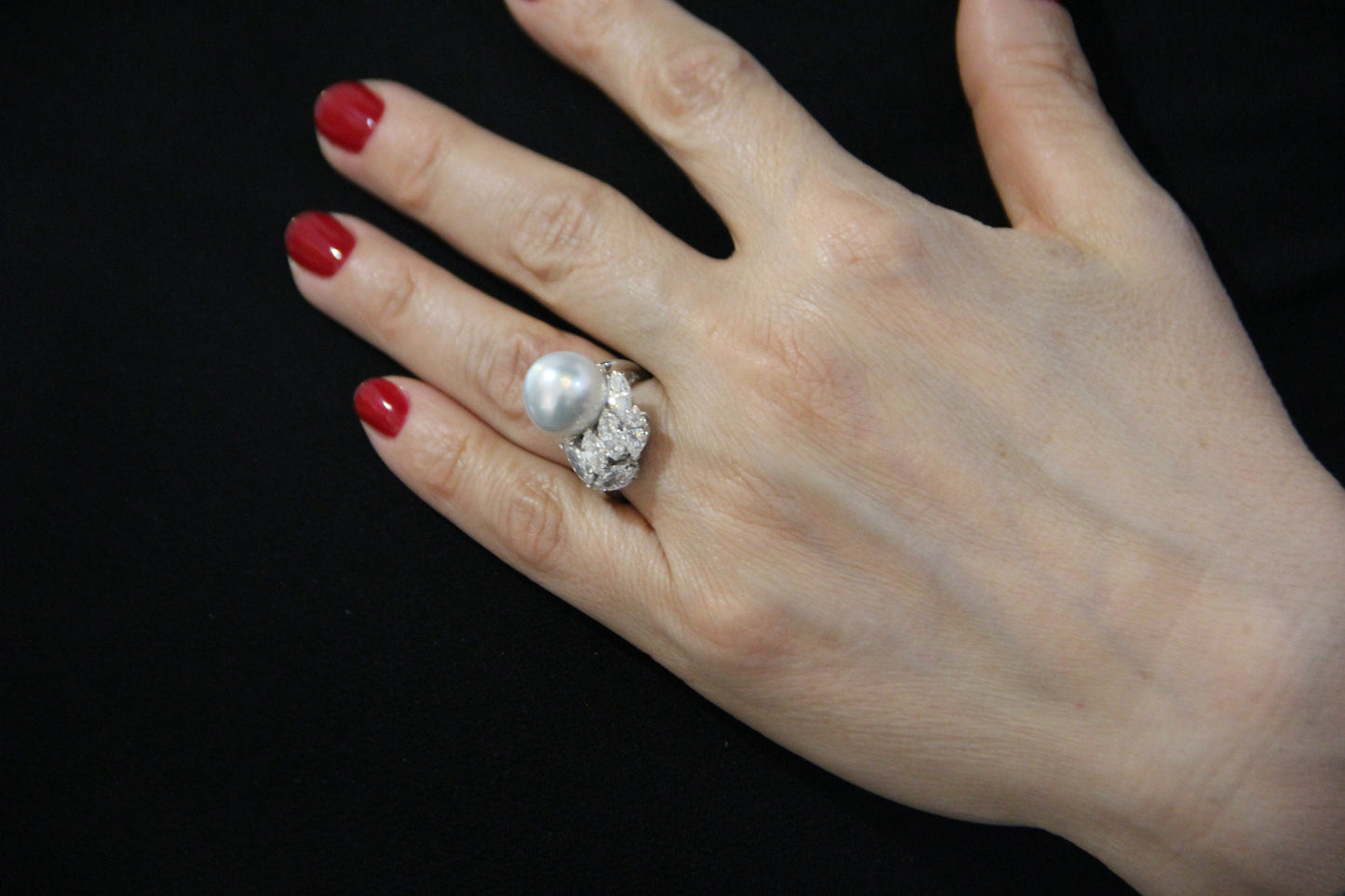 Australian pearl and diamond navette ring