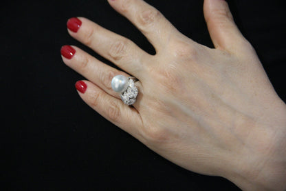 Australian pearl and diamond navette ring