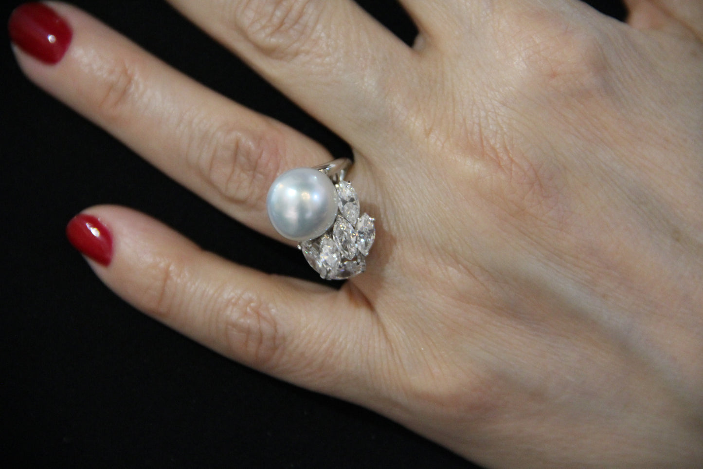 Australian pearl and diamond navette ring