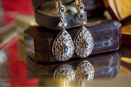 1950s Rose Cut Diamond and Sapphire Drop Earrings