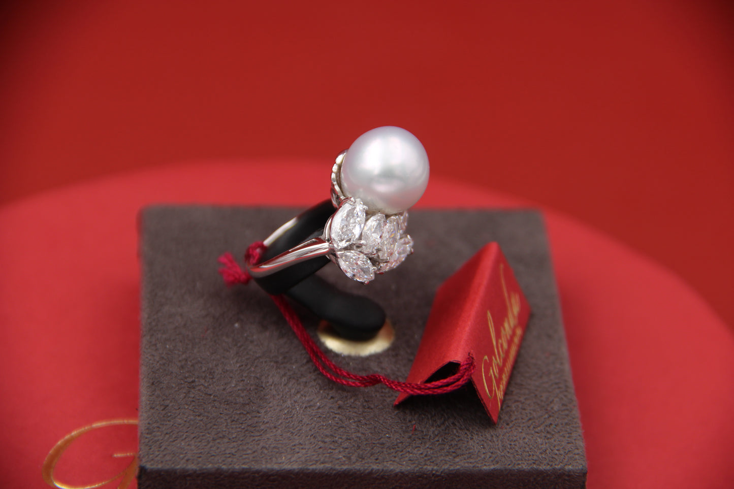 Australian pearl and diamond navette ring