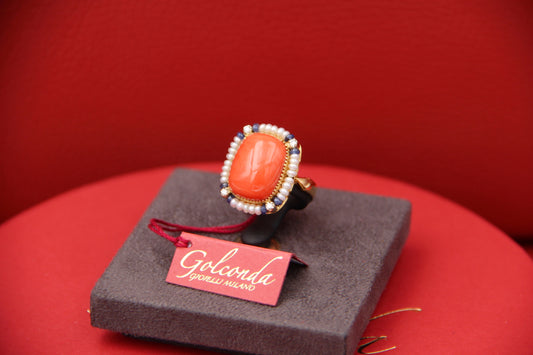 Ring with coral and micropearls