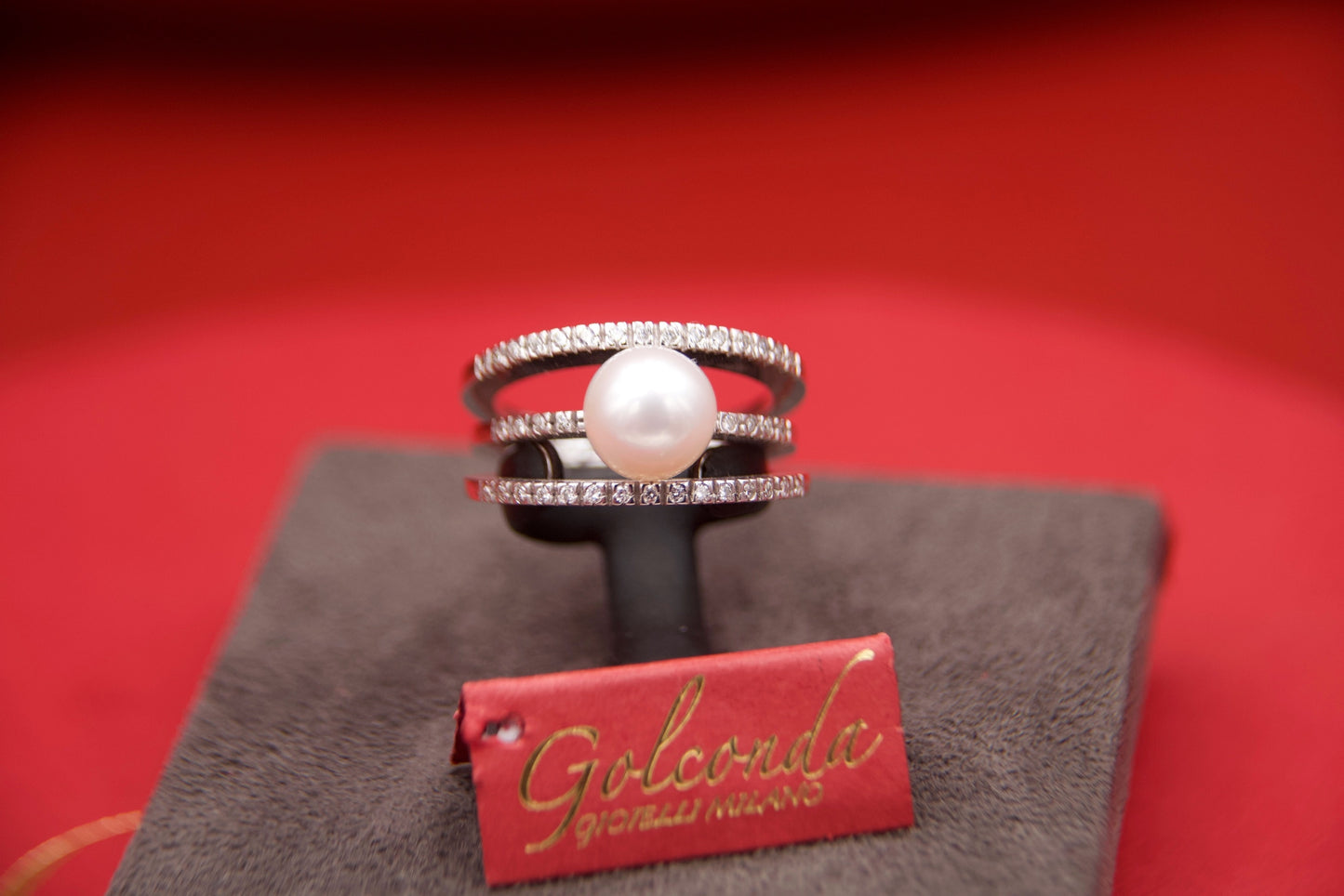 Anello tre fasce con perla e diamanti