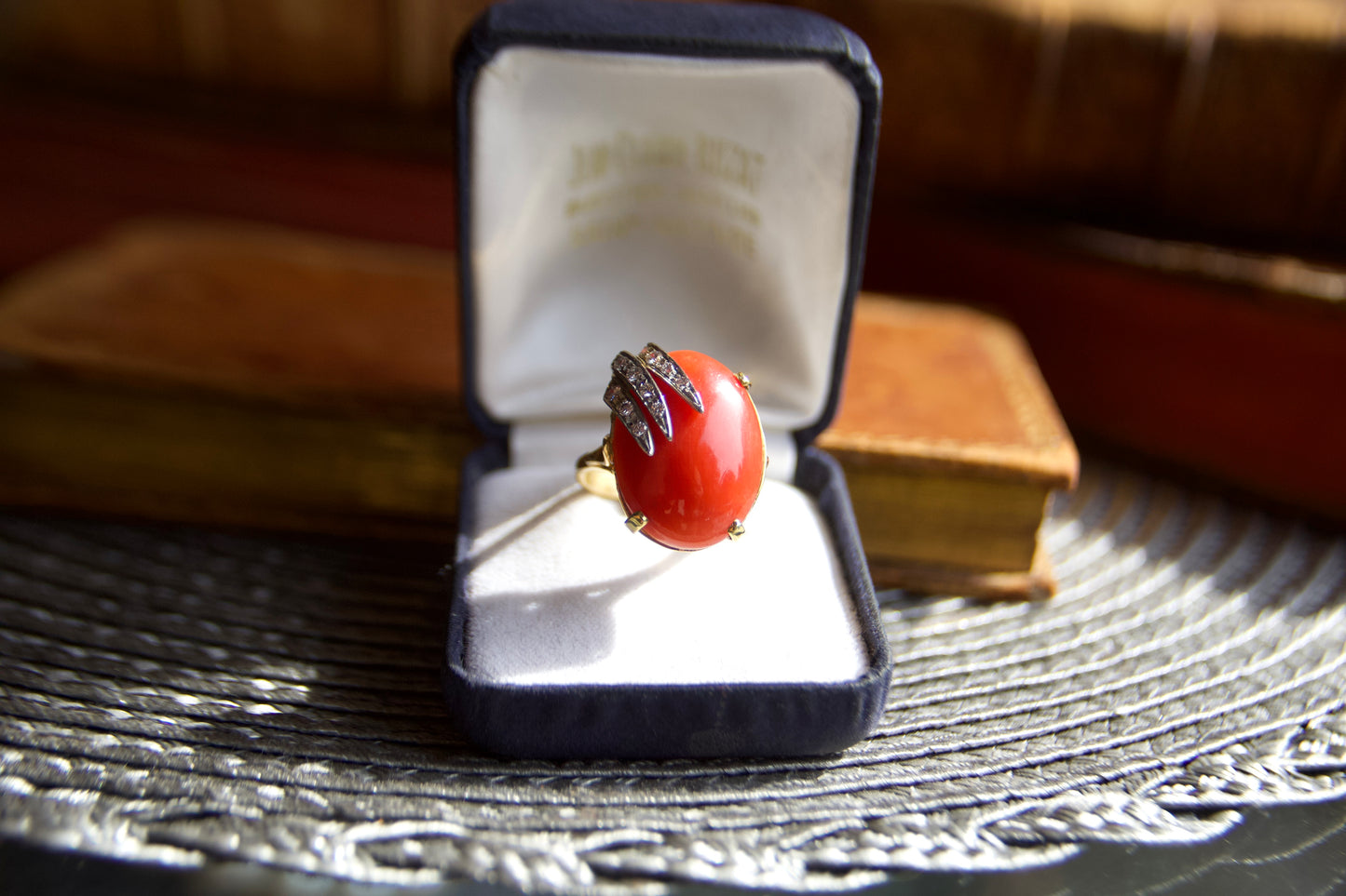Vintage 18kt Gold Cocktail Ring with Red Coral and Diamonds
