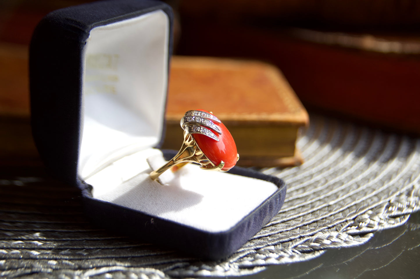Vintage 18kt Gold Cocktail Ring with Red Coral and Diamonds