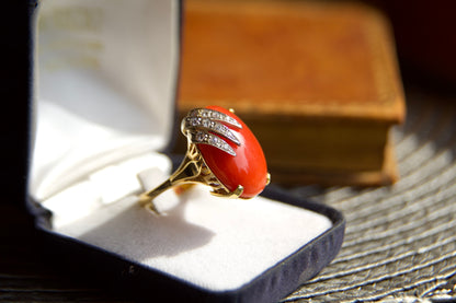 Vintage 18kt Gold Cocktail Ring with Red Coral and Diamonds