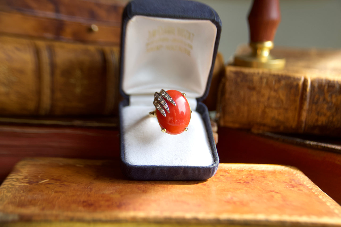 Vintage 18kt Gold Cocktail Ring with Red Coral and Diamonds