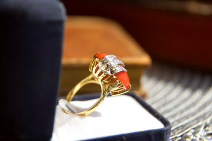 Vintage 18kt Gold Cocktail Ring with Red Coral and Diamonds