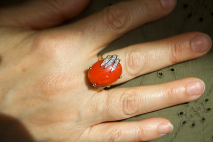 Vintage 18kt Gold Cocktail Ring with Red Coral and Diamonds