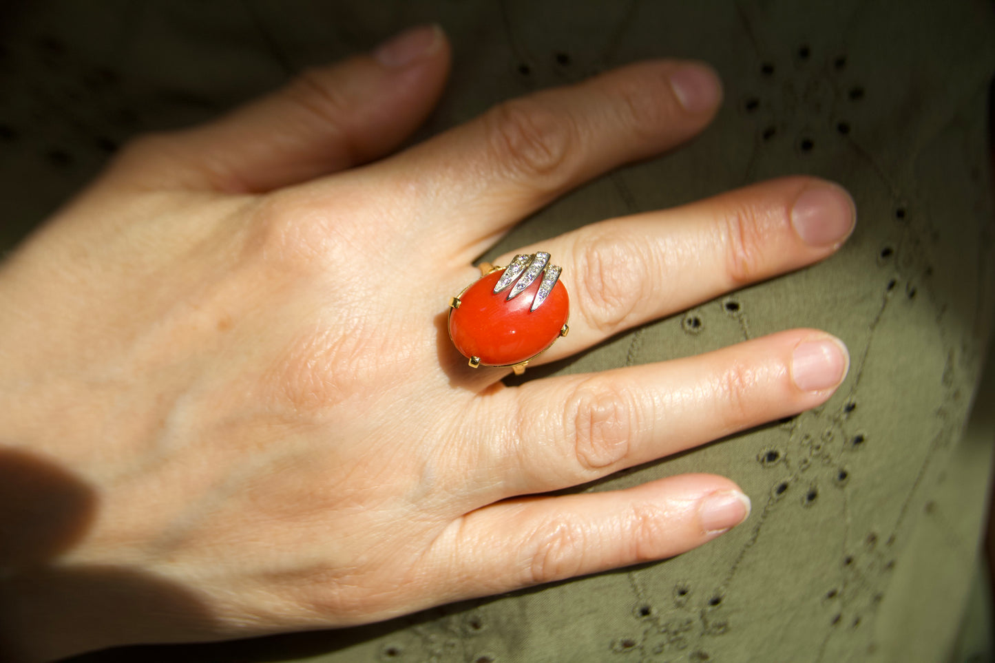 Vintage 18kt Gold Cocktail Ring with Red Coral and Diamonds