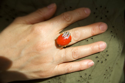 Vintage 18kt Gold Cocktail Ring with Red Coral and Diamonds