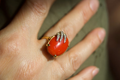 Vintage 18kt Gold Cocktail Ring with Red Coral and Diamonds