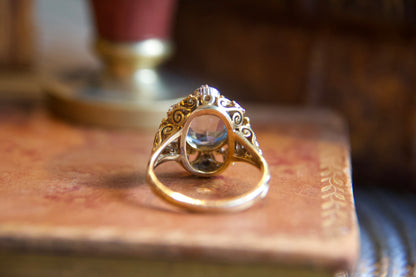 Anello Antico in Oro con Acquamarina e Diamanti Taglio Rosetta