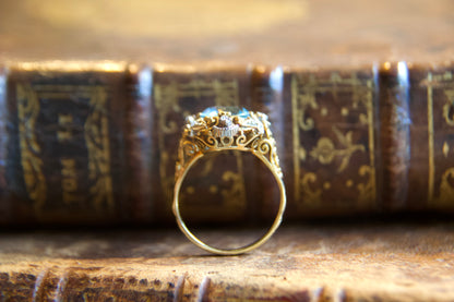 Anello Antico in Oro con Acquamarina e Diamanti Taglio Rosetta