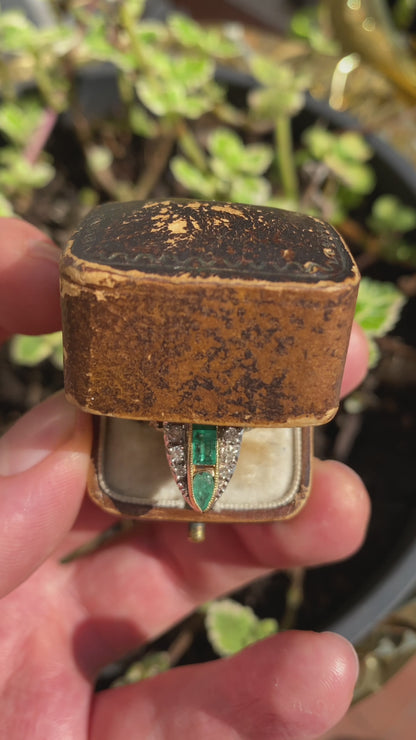 Art Nouveau marquise ring with emeralds